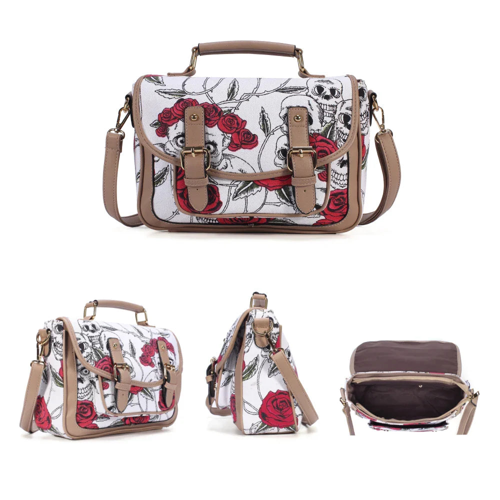 Femlion 2021 Canvas Skull Print Shoulder Bag Large Capacity Crossbody Handbag White