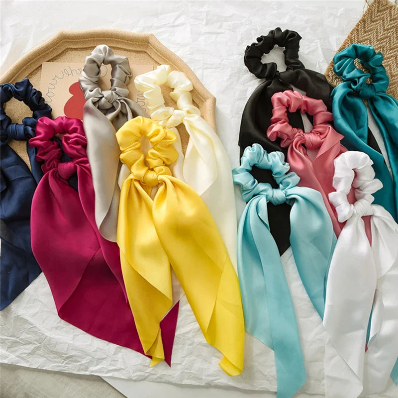 Femlion Solid Color Silk Bow Scrunchie - Fashionable Hair Accessory for Women