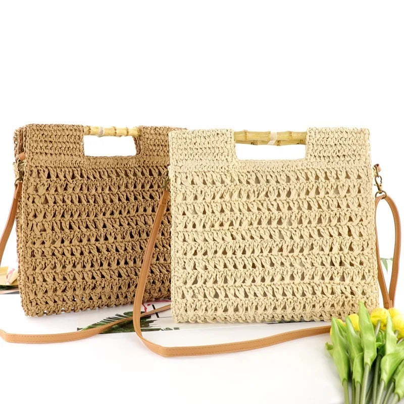 Femlion Bamboo Handle Handwoven Women's Tote Bag Vintage Shoulder Messenger Bag