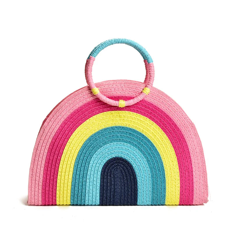 Femlion Rainbow Straw Handbag 2020 Summer Beach Fashion Women's Colorful Woven Purse