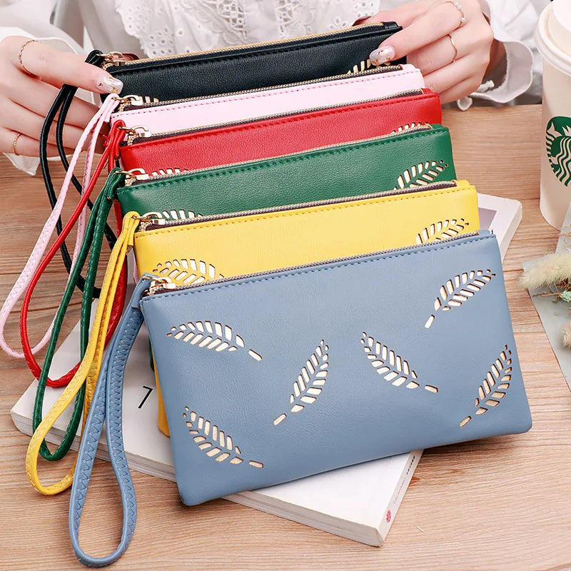 Femlion Leaves Design Wallet: Stylish PU Leather Zipper Card Holder and Coin Purse