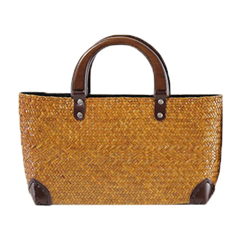 Femlion Straw Woven Rattan Bag with Wooden Handle