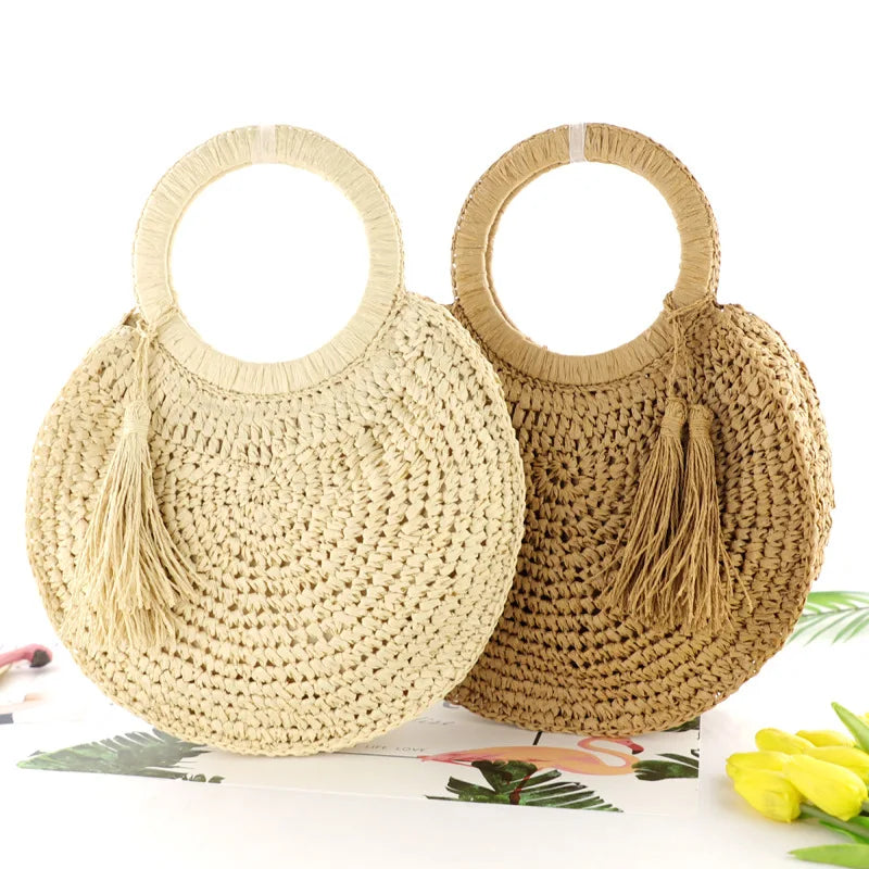 Femlion Round Fringed Straw Bag with Tassel - Casual Beach Tote