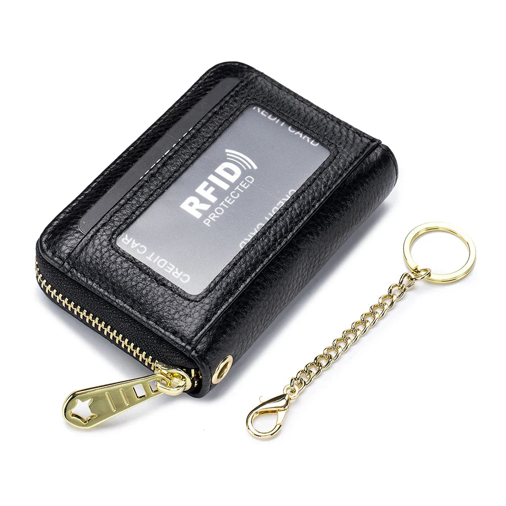 Femlion RFID Genuine Leather Card Holder Wallet with Coin Purse and Key Ring