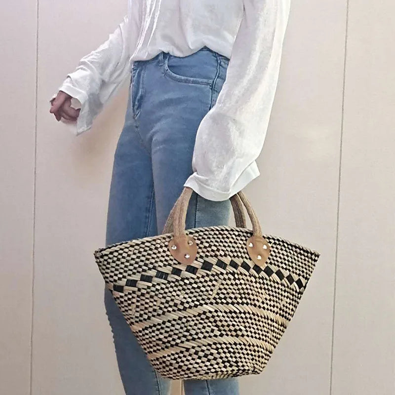 Femlion Handmade Water Grass Straw Bag Retro Basket Straw Basket Shopping Bag