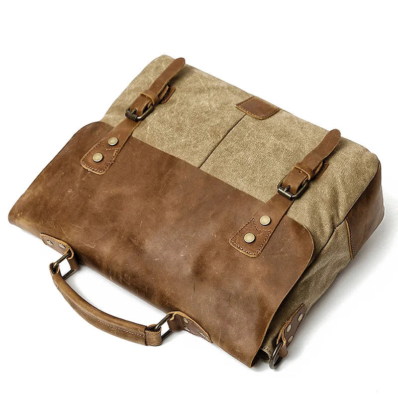 Femlion Canvas & Leather Messenger Bag: Retro Handmade Briefcase for Men