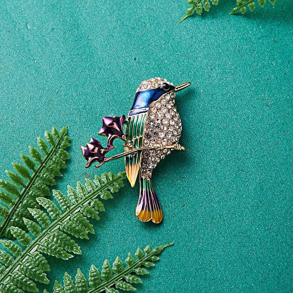 Colorful Enamel Bird & Branch Brooch by Femlion - Handmade Crystal Animal Jewelry