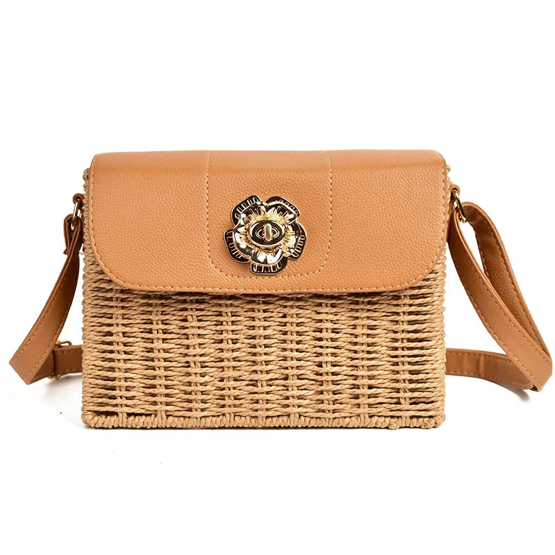 Femlion Chrysanthemum Lock Straw Bag, Trendy Rattan Beach Messenger Travel Small Bag