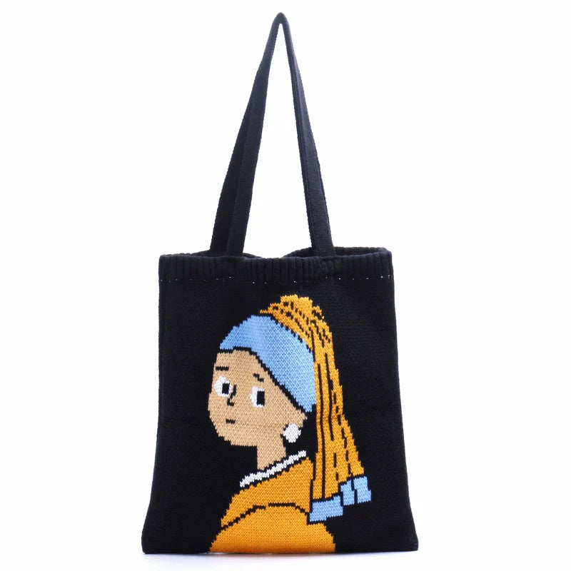 Femlion Knitted Wool Shoulder Bag: Girl with a Pearl Earring Design Handbag