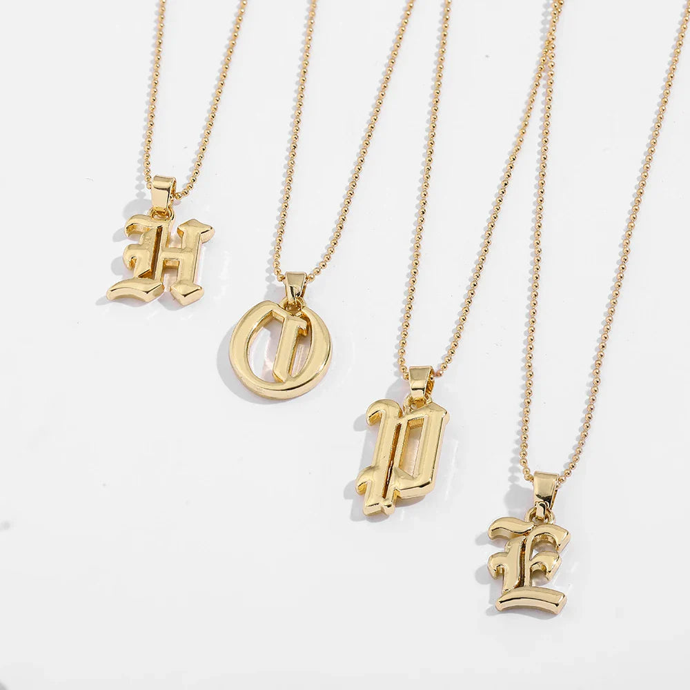 Femlion Gothic Initial Alphabet Pendant Necklace on Gold Bead Chain - Female Statement Jewelry