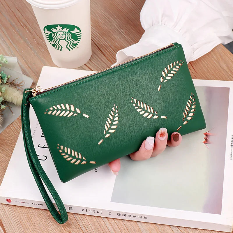 Femlion Leaves Design Wallet: Stylish PU Leather Zipper Card Holder and Coin Purse