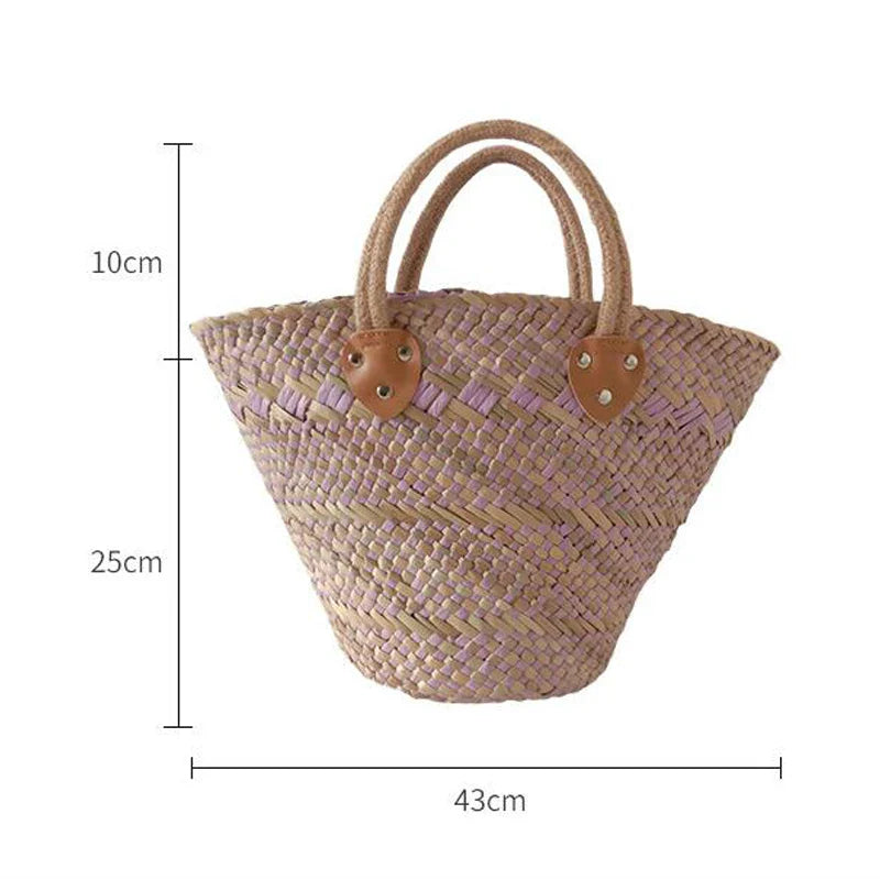 Femlion Handmade Water Grass Straw Bag Retro Basket Straw Basket Shopping Bag