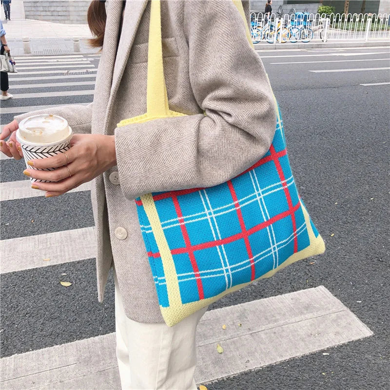 Femlion Checked Knit Wool Bag - Winter Shoulder Tote Handbag