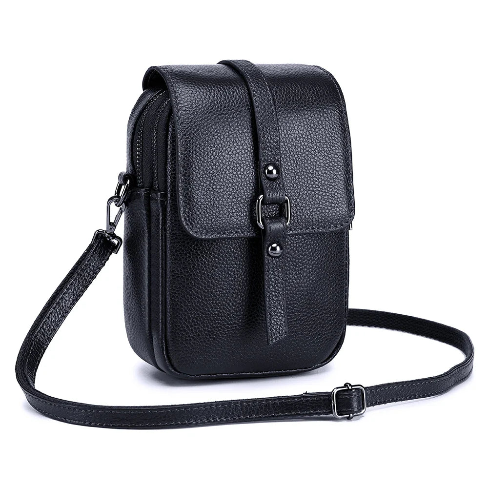 Femlion Small Leather Crossbody Bag with Dual Zip Pockets