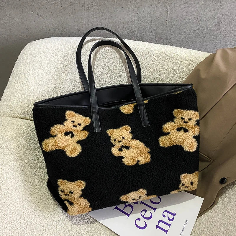 Femlion Warm Plush Shoulder Bag with Leather Patchwork Design and Cute Bear