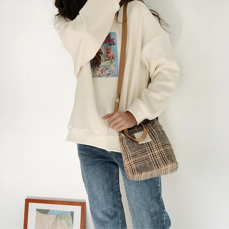 Femlion Plaid Shoulder Bag: Cute Woolen Handbag for Stylish Girls