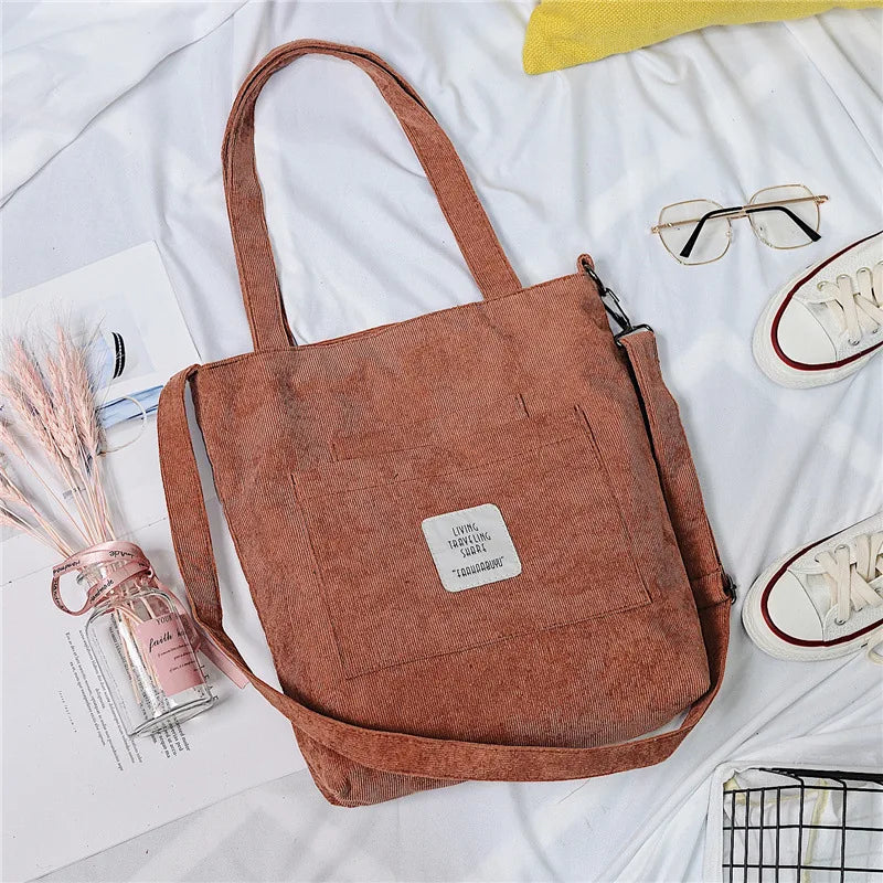 Femlion Corduroy Tote: Casual Canvas Shoulder Bag with Striped Design