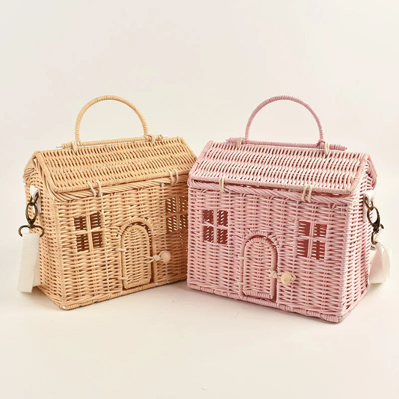 Femlion House Shape Rattan Women Handbags - Wicker Crossbody Straw Bag