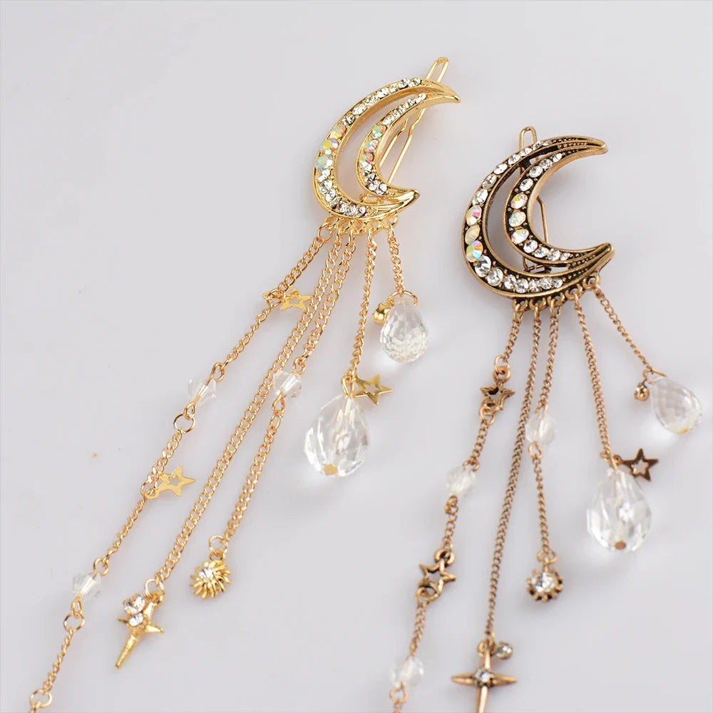 Femlion Crystal Star Moon Tassel Hair Clip Set