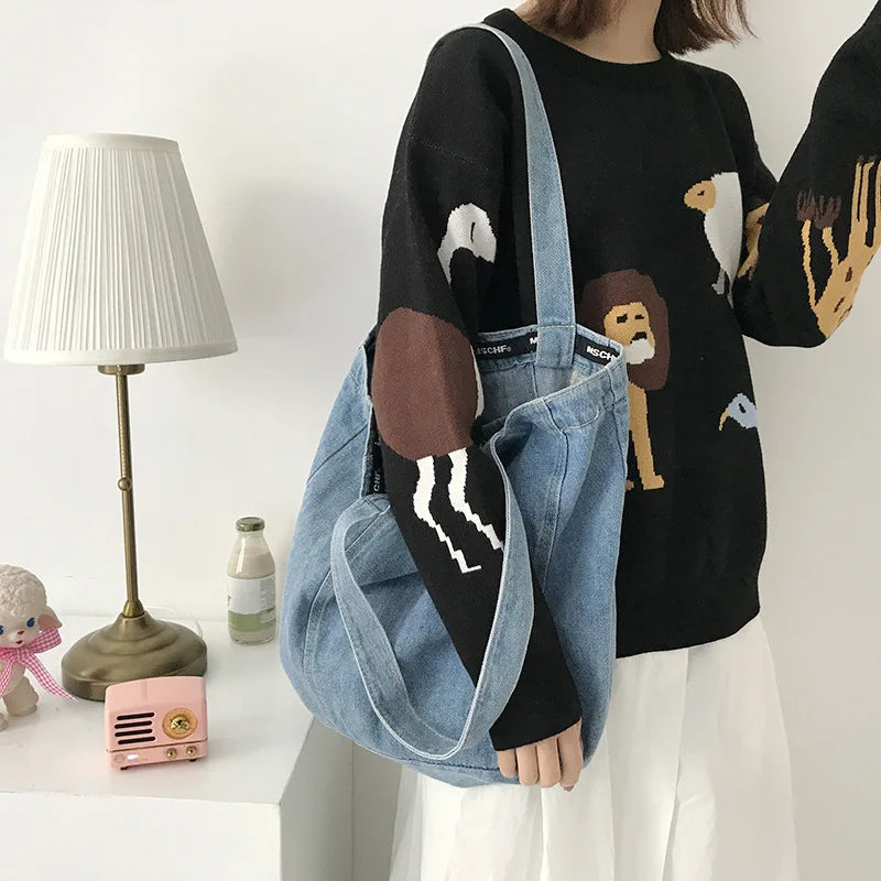 Femlion Light Blue Denim Canvas Shoulder Bag for Women - Casual Totes & School Books Bag