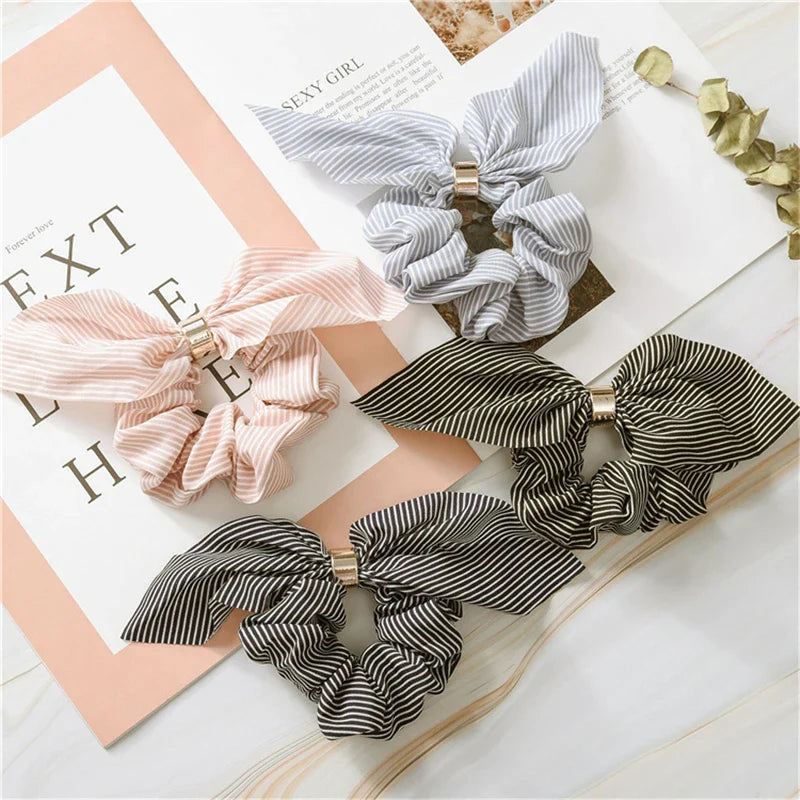 Femlion Rabbit Ears Chiffon Hair Scrunchie with Metal Buckle, Stripe Elastic Hair Rope