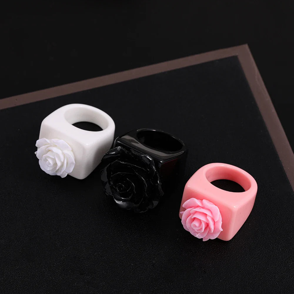 Femlion Rose Flower Resin Square Rings Set for Women - 2021 Fashion Jewelry