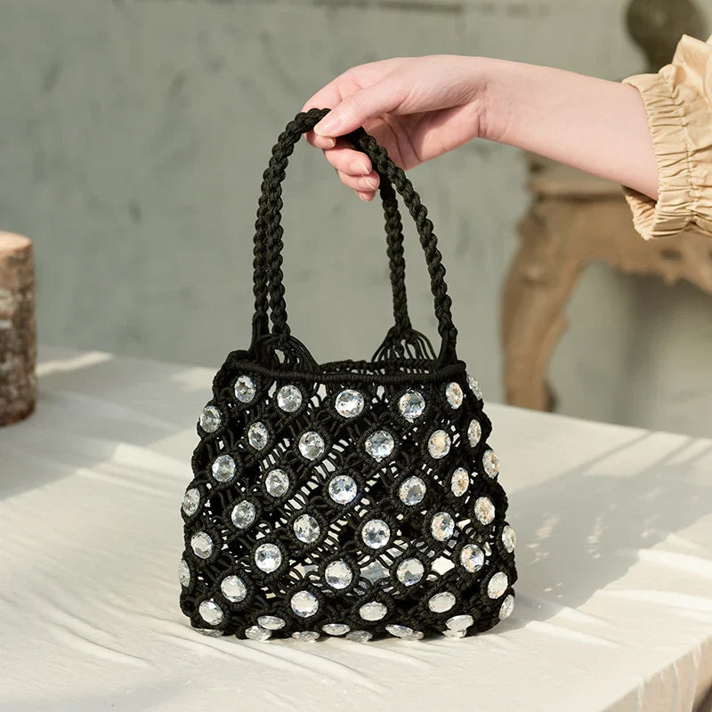 Femlion Woven Diamond Mini Bucket Bag with Rhinestones – Chic Wedding Purse