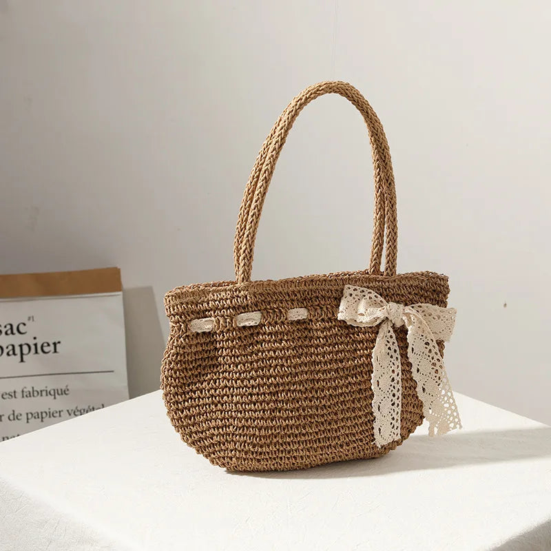 Femlion Bowknot Woven Bag: 2021 New Shoulder Straw Beach Bag