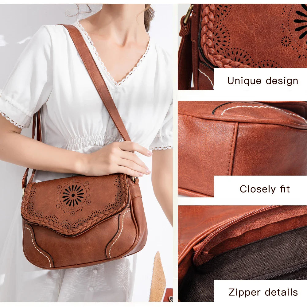 Femlion Vintage PU Leather Hollow Out Crossbody Bag Retro Satchel Handbag for Women