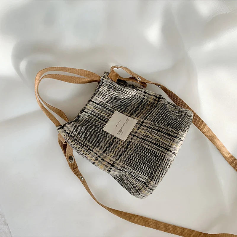 Femlion Plaid Woolen Canvas Shoulder Bag for Women