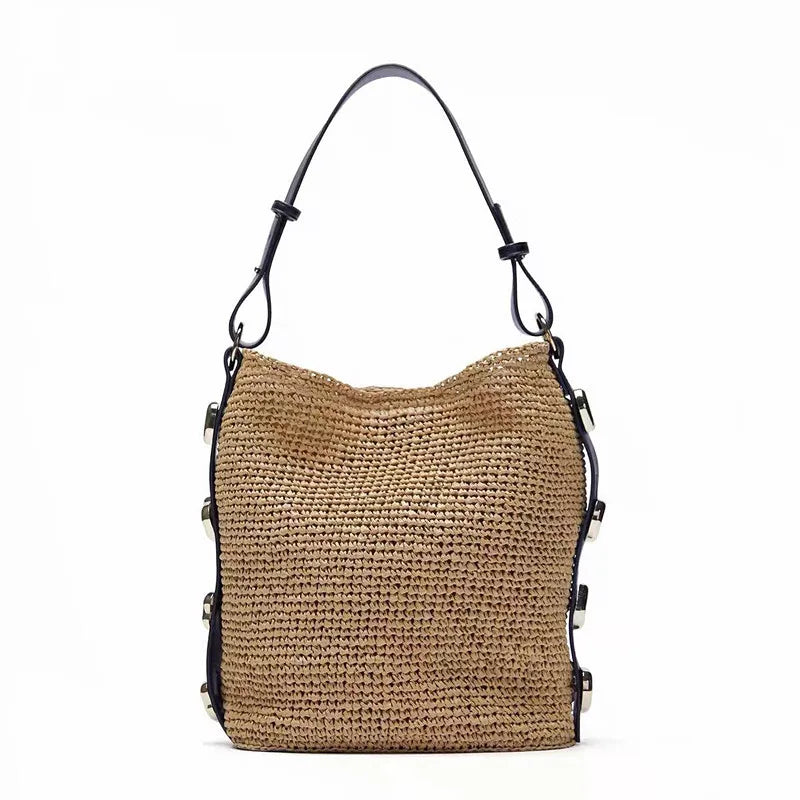 Femlion Yellow Metal Detail Woven Straw Big Bag One Shoulder Women Bag