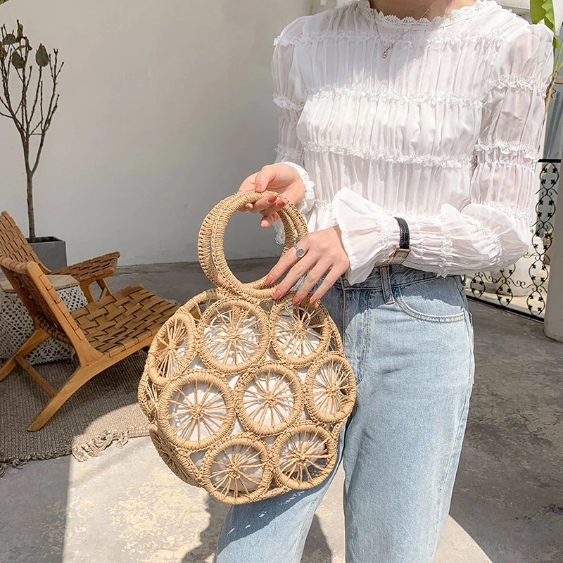 Femlion Rattan Round Straw Bag Wicker Beach Handbag Summer Crossbody Purse