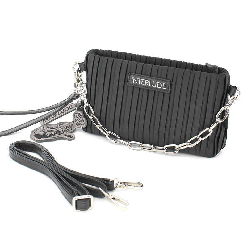 Femlion 2024 Spring Fashion Chain Shoulder Bag Black Pleated Crossbody Clutch