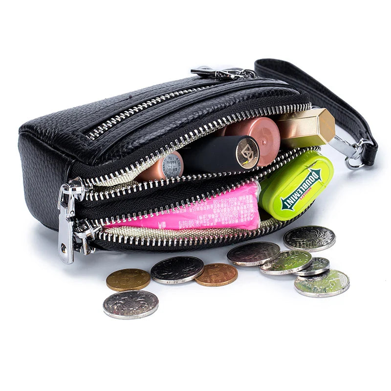 Femlion Mini Wallet: Genuine Leather Double Zipper Coin Purse & Card Holder