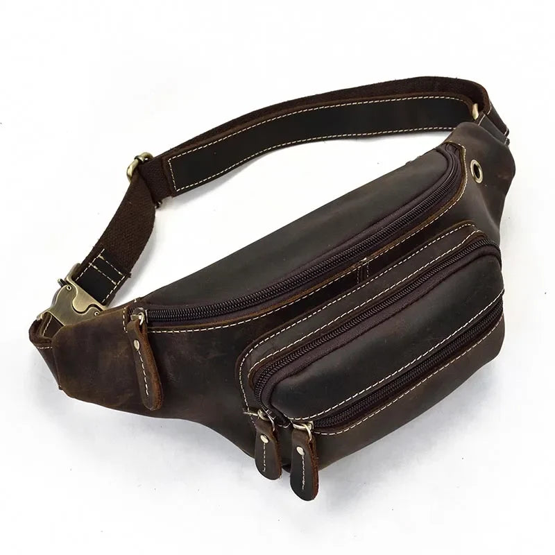 Men's Leather Belt Pouch with Earphone Hole for Casual Style by Femlion