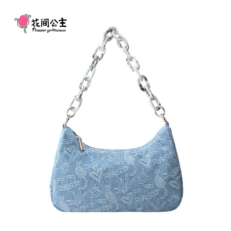 Femlion Flower Princess Jacquard Denim Handbag Crossbody Small Bag - Women's All-Match