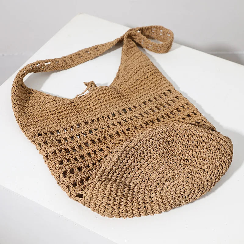 Femlion Large Straw Woven Beach Bag: Korean Hollow One-Shoulder Casual Vacation Tote