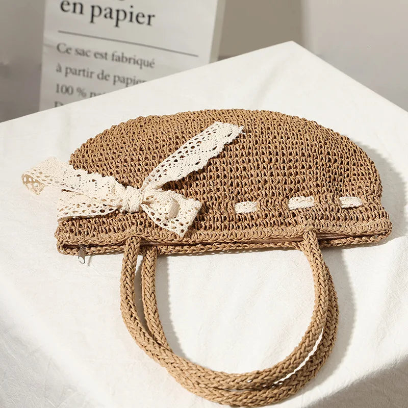 Femlion Bowknot Woven Bag: 2021 New Shoulder Straw Beach Bag