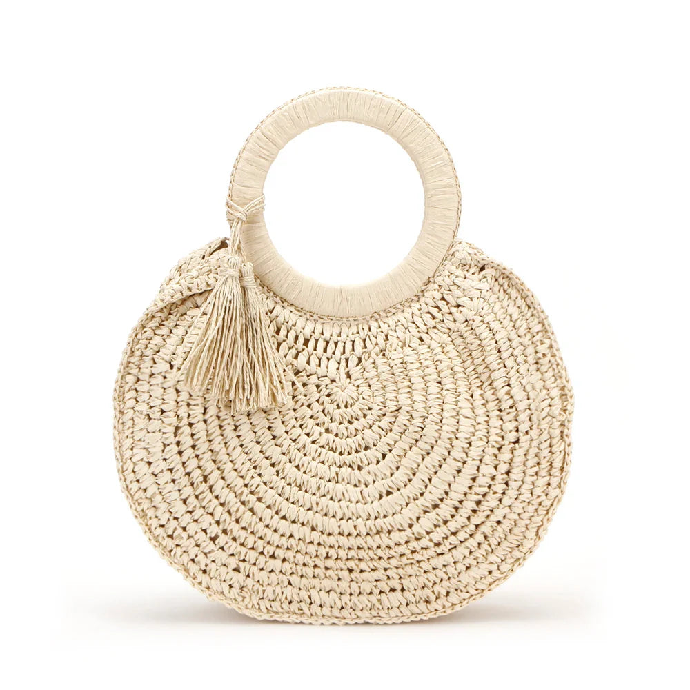 Femlion Round Fringed Straw Bag with Tassel - Casual Beach Tote