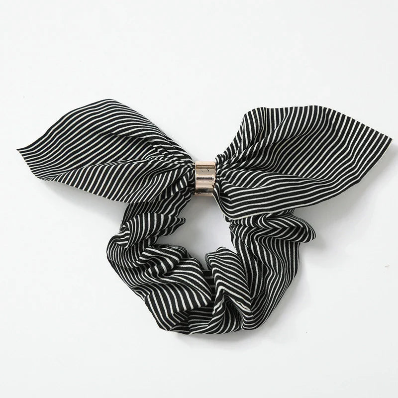 Femlion Rabbit Ears Chiffon Hair Scrunchie with Metal Buckle, Stripe Elastic Hair Rope