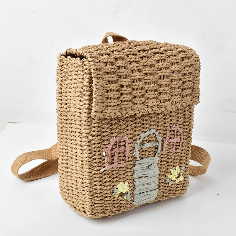 Femlion Straw Woven Double-Shoulder Backpack Bag