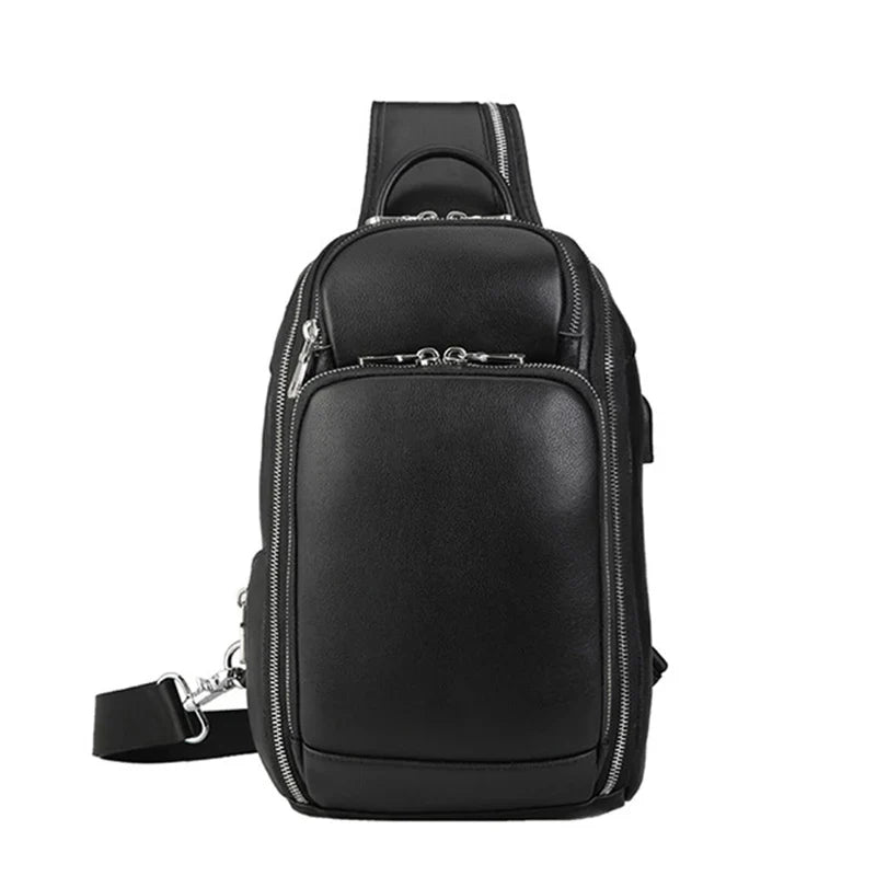 Femlion Black Leather Chest Bag with USB - Genuine Leather Sling Pack for Men