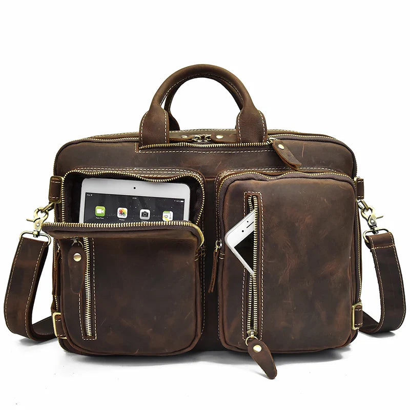 Femlion Leather Backpack: Double Zip Cowhide Briefcase, Travel, Office, Shoulder Bag