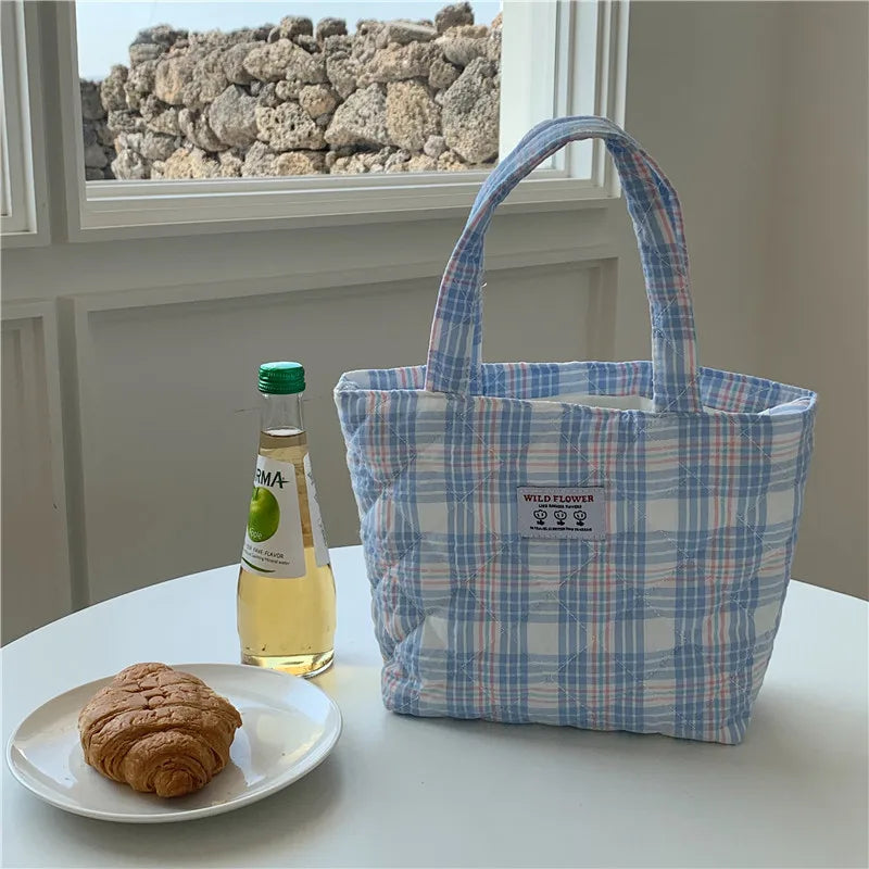 Femlion Plaid Pattern Lunch Bag Quilted Cotton Tote for Food Storage and Picnics