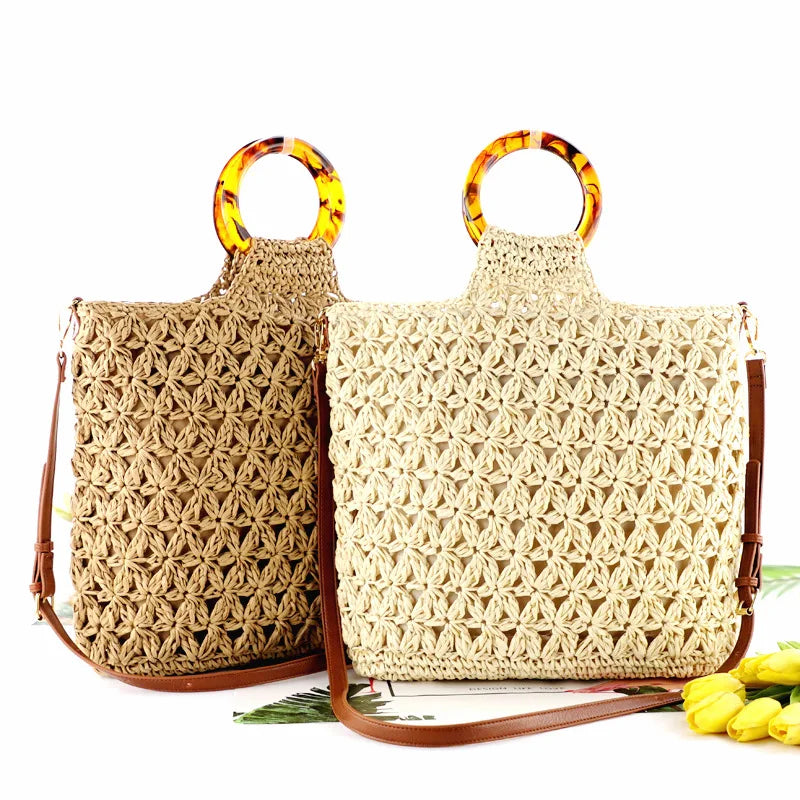 Femlion Straw Woven Shoulder Bag | Handheld Beach Tote for Women