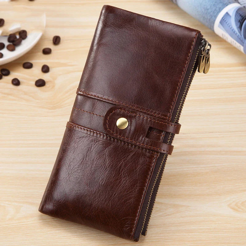 Men's Leather Bifold Wallet with 2 Zippers by Femlion: Top Grain Genuine Leather