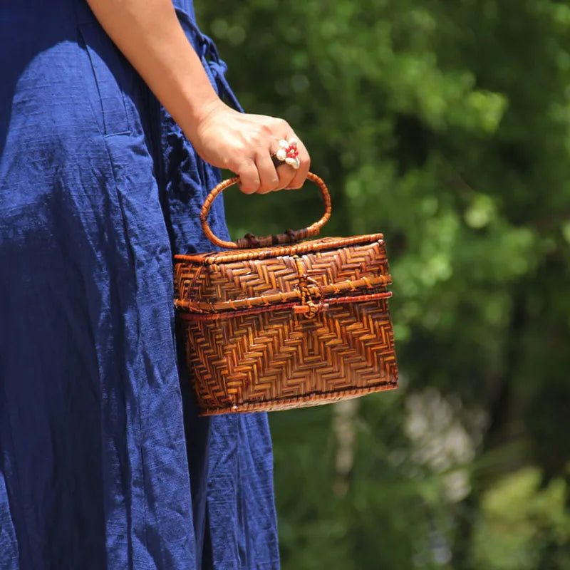 Femlion Bamboo Woven Mini Handbag for Tea Ceremony Storage & Makeup