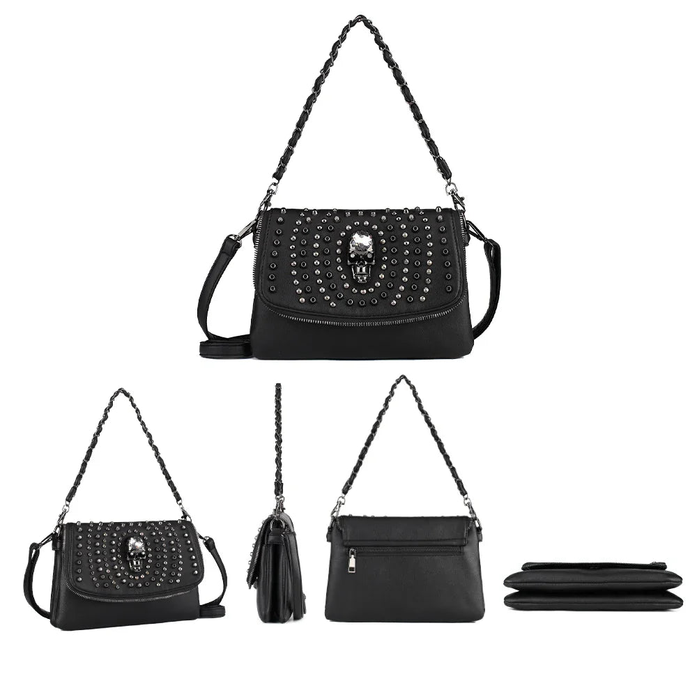 Femlion Stud Skull Crossbody Bag with Chain Zipper, Black Punk Shoulder Handbag