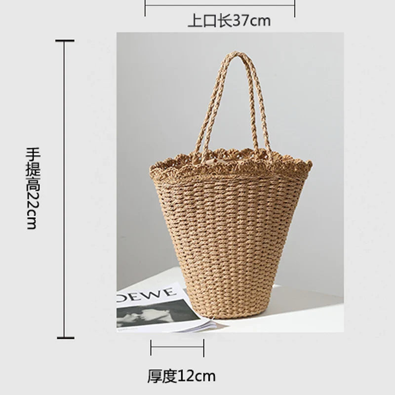 Femlion Fan-Shaped Straw Woven Beach Bag Large Capacity for Seaside Vacation