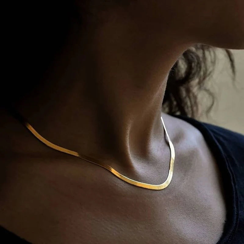 Femlion Gold Herringbone Chain Necklace Choker Unisex Stainless Steel Jewelry
